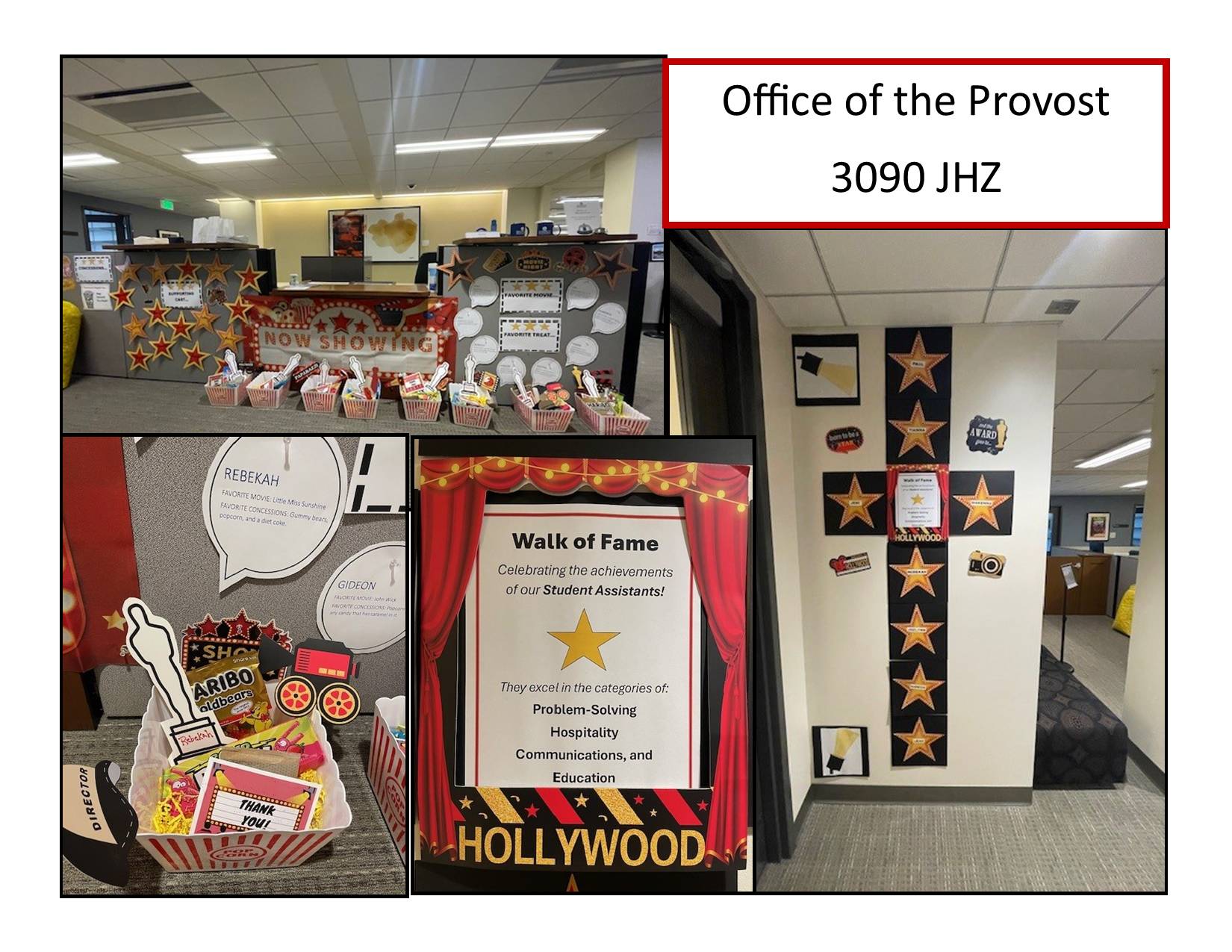 Walk of Fame for student employees, popcorn bucket filled with snacks and an oscar trophy cutout, "NOW SHOWING" sign with stars and student names and hollywood walk of fame stars